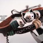 Cat Charm Bracelet Silver Kitty Cat Leather..