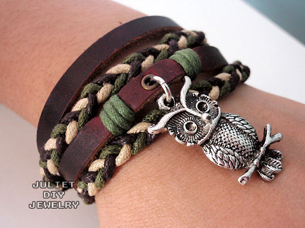 Owl Charm Bracelet Hemp Woven Leather Bracelet